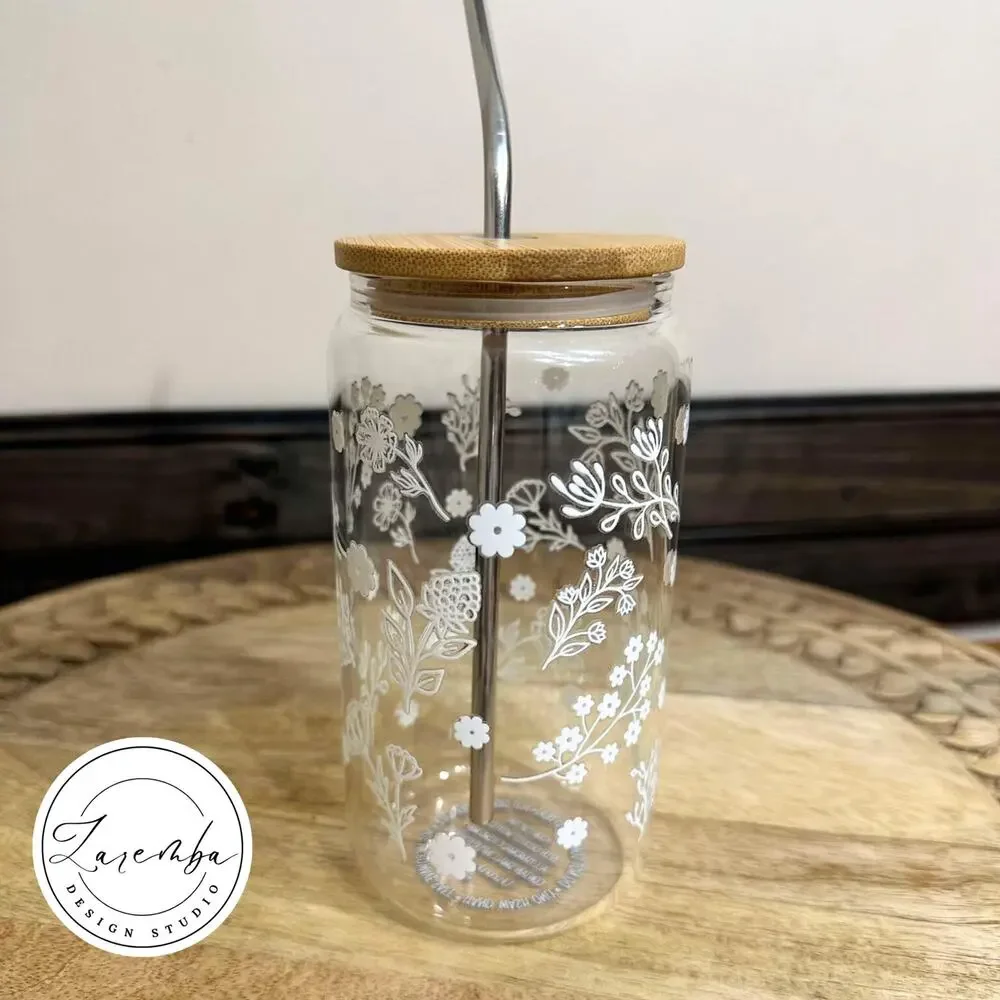 White Floral Libbey Cup, Minimalist Flowers Beer Can Glass, Nature, Spring
